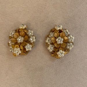 Clip on costume faux pearl,  rhinestone earrings gold tone earrings